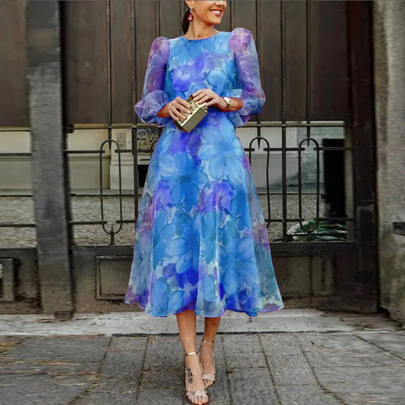 Blair | Women Wedding Guest Dress Formal Floral Midi Dress Blue