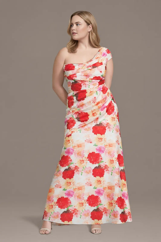 Asymmetrical Floral Print Charmeuse Sheath Dress