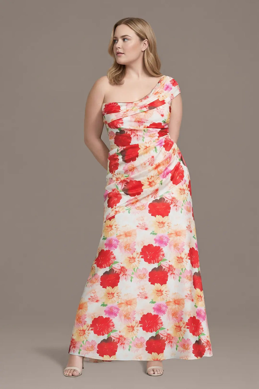Asymmetrical Floral Print Charmeuse Sheath Dress