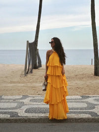 Fashion Ruffles Hem Long Dress For Women Elegant Halter Backless Sleeveless Vestidos Female New Vacation Beach Party Rob