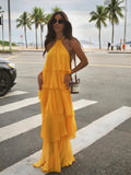 Fashion Ruffles Hem Long Dress For Women Elegant Halter Backless Sleeveless Vestidos Female New Vacation Beach Party Rob