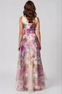 Sleeveless V-Neck Floral Print Organza Gown