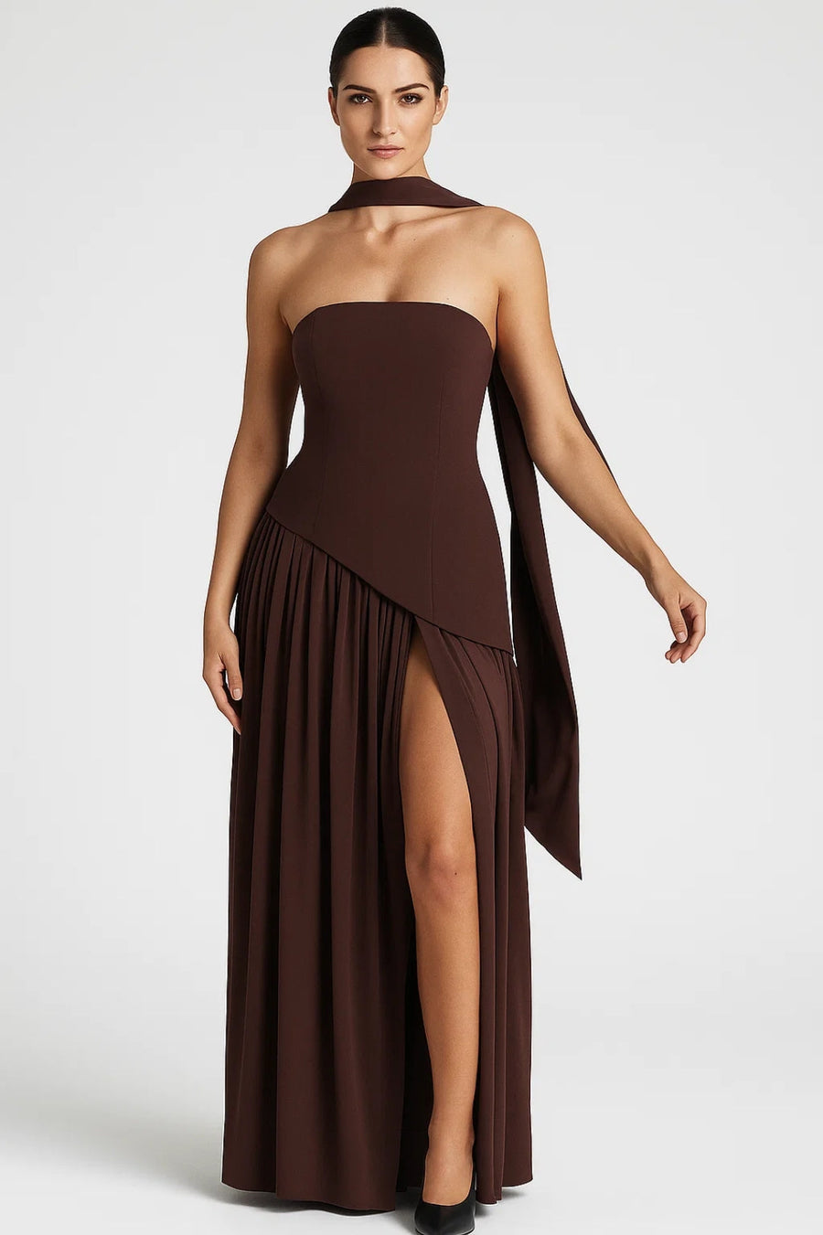 Thessaly | Lightweight V-Neck Midi Dress Dark Brown