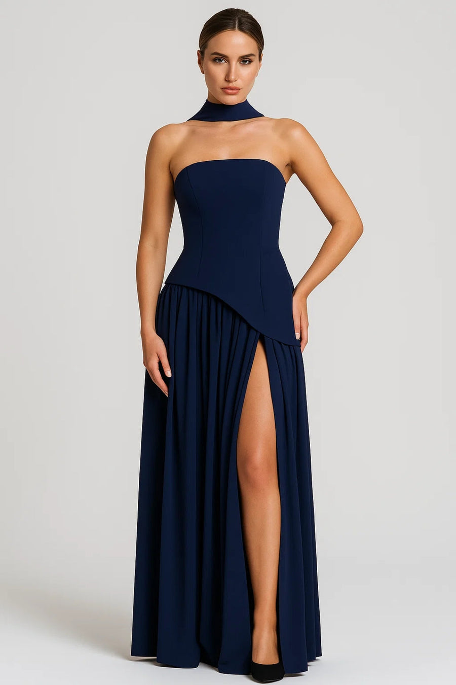 Thessaly | Lightweight V-Neck Midi Dress Dark Blue