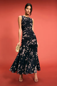 Sleeveless Ruched Mesh Maxi Dress
