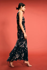 Sleeveless Ruched Mesh Maxi Dress