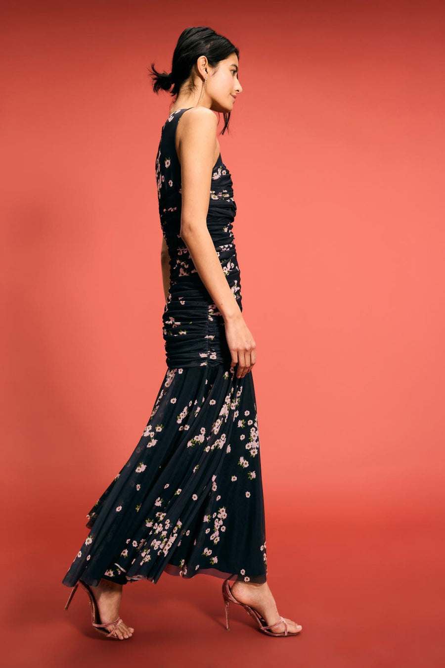 Sleeveless Ruched Mesh Maxi Dress