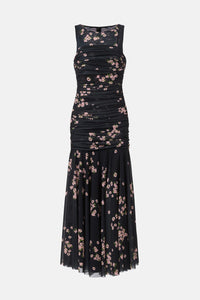 Sleeveless Ruched Mesh Maxi Dress