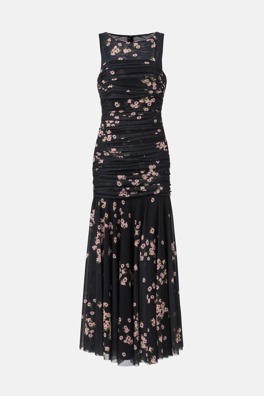 Sleeveless Ruched Mesh Maxi Dress