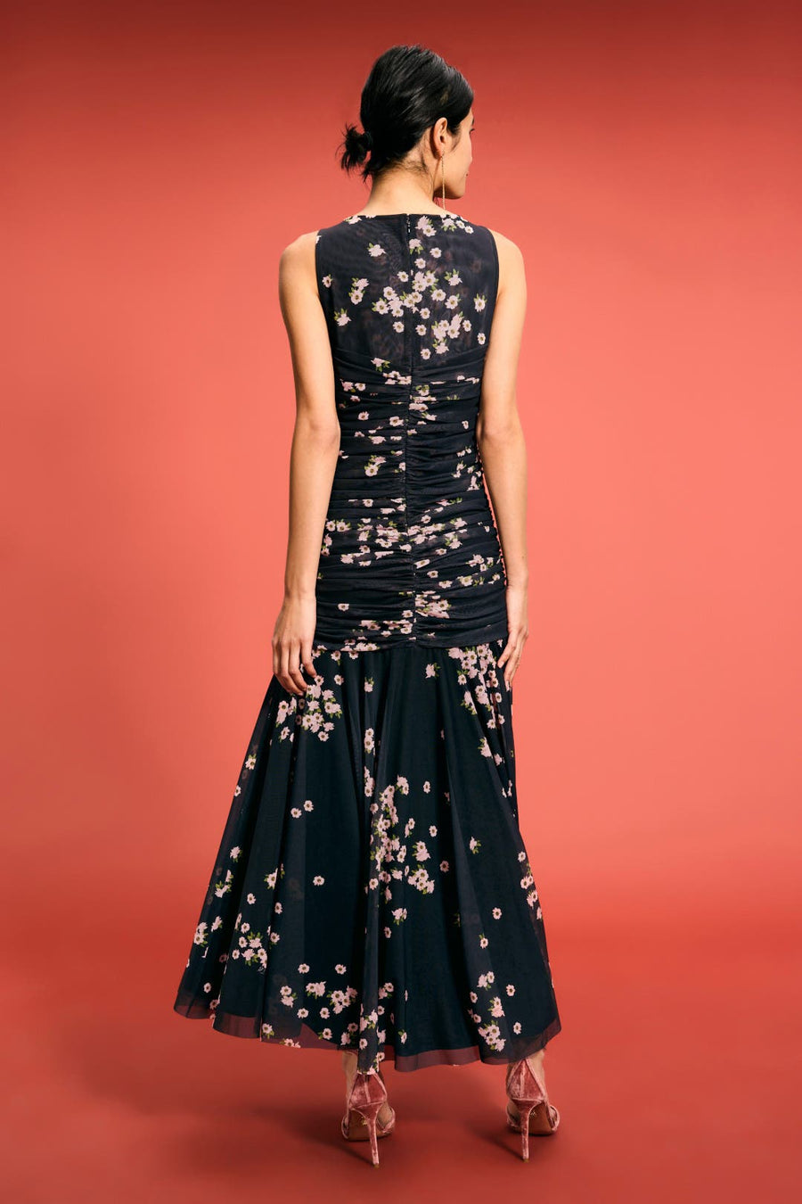 Sleeveless Ruched Mesh Maxi Dress