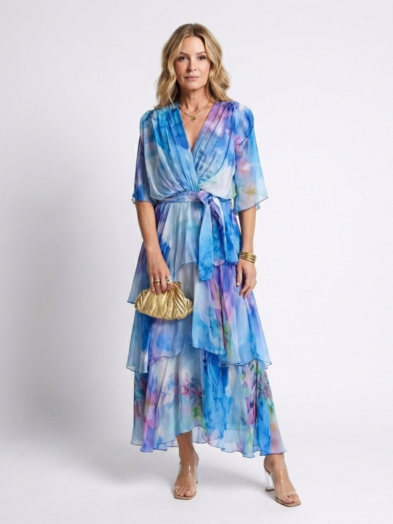 Georgie – Sheer Layered V-Neck Maxi Dress with Tie Waist