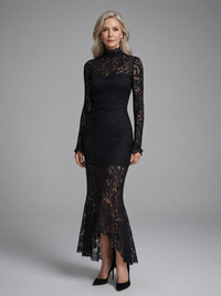 Delphine - High-Neck Lace Midi Dress with Long Sleeves