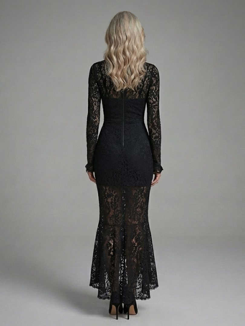 Delphine - High-Neck Lace Midi Dress with Long Sleeves