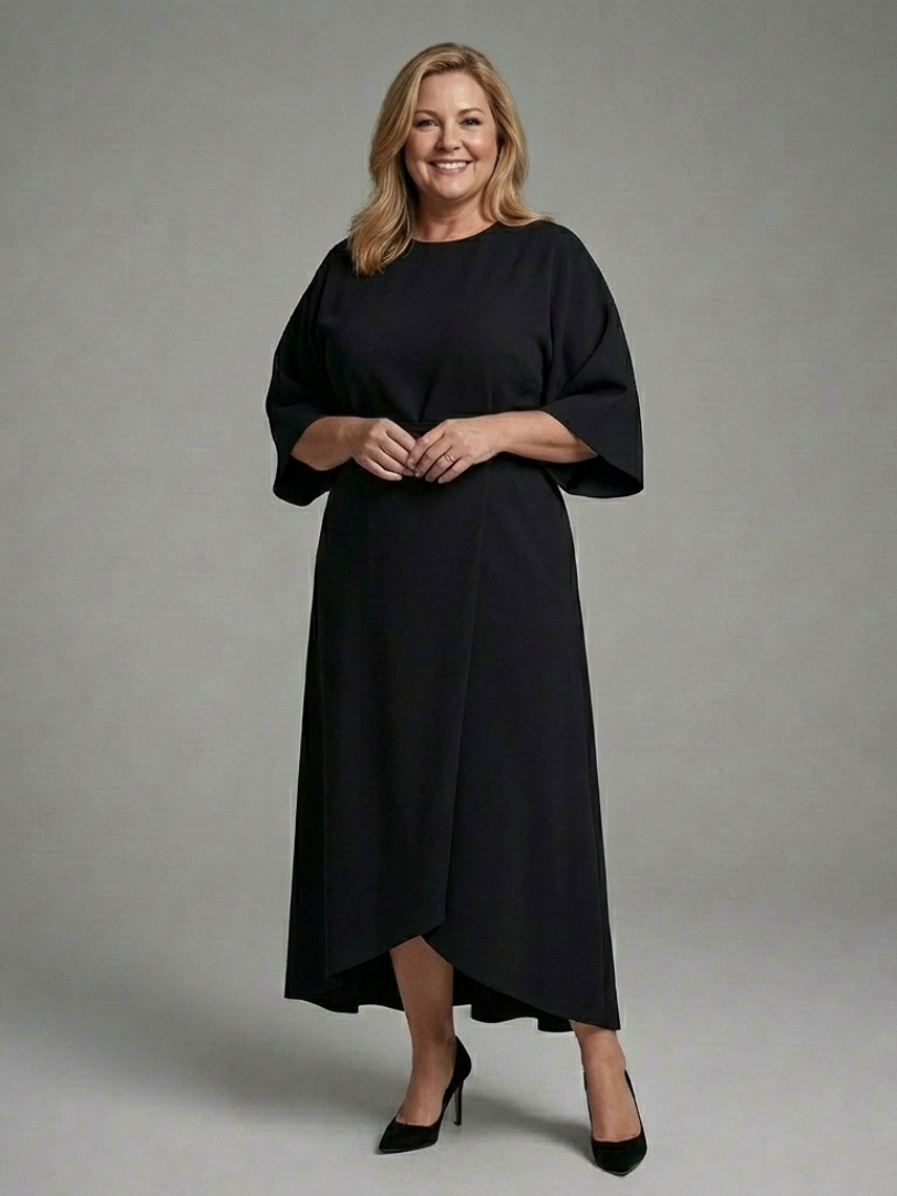 Eira - Asymmetrical Midi Dress with Coat Sleeves and Defined Waist