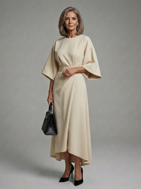 Eira - Asymmetrical Midi Dress with Coat Sleeves and Defined Waist