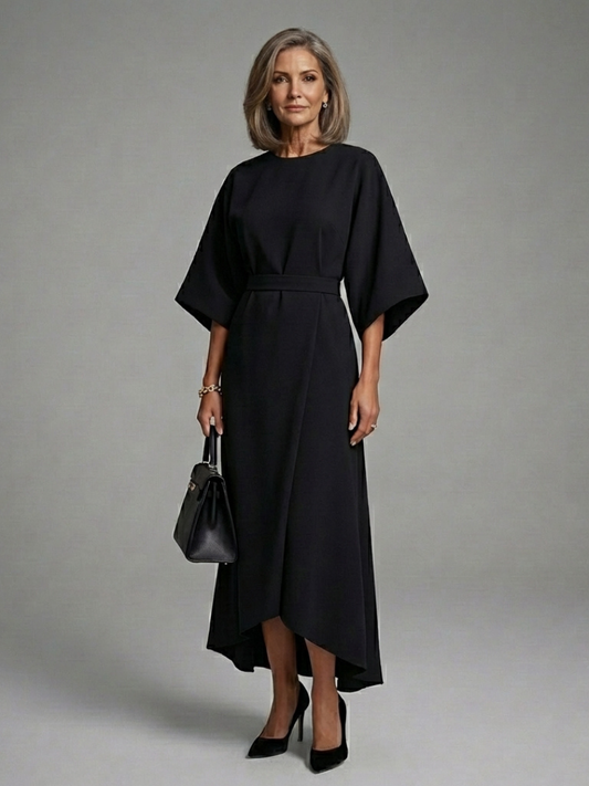 Eira - Asymmetrical Midi Dress with Coat Sleeves and Defined Waist – Black