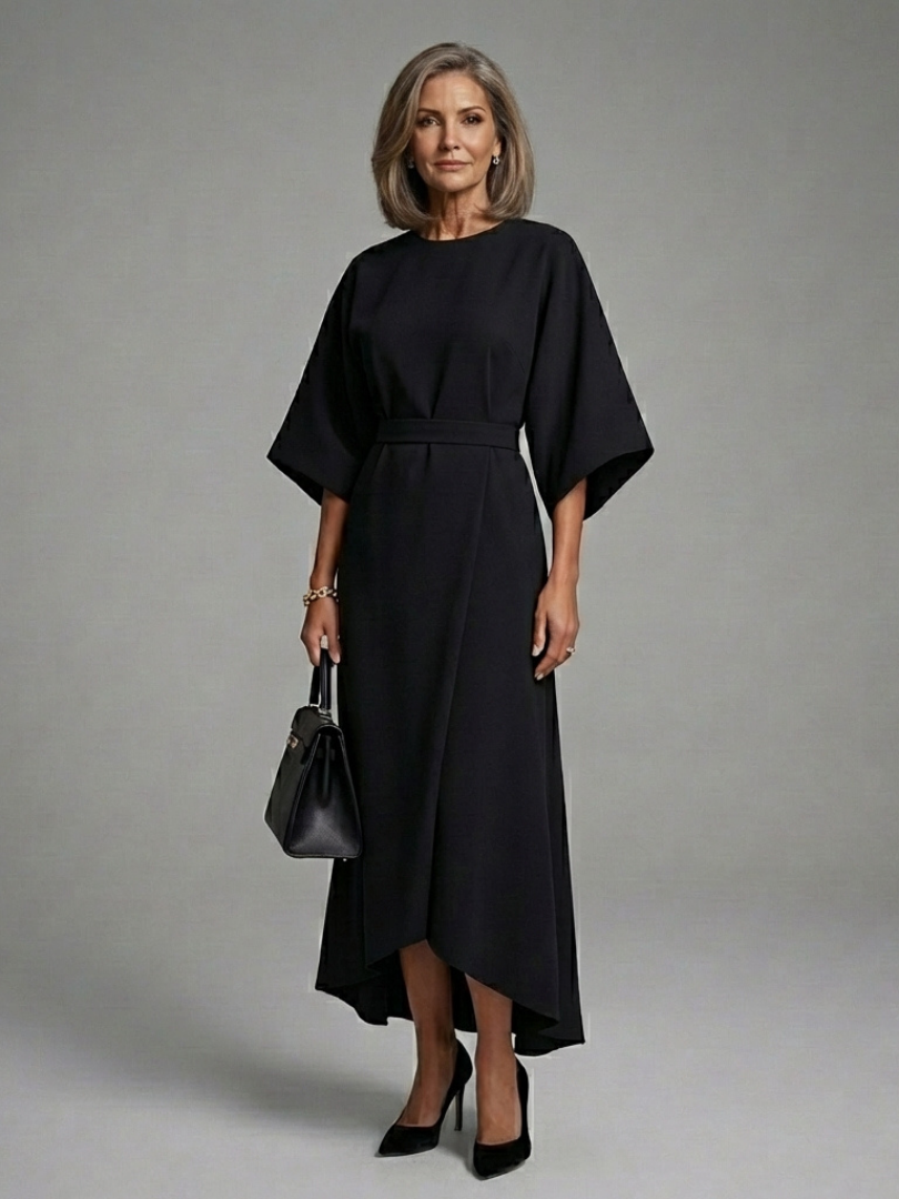 Eira - Asymmetrical Midi Dress with Coat Sleeves and Defined Waist