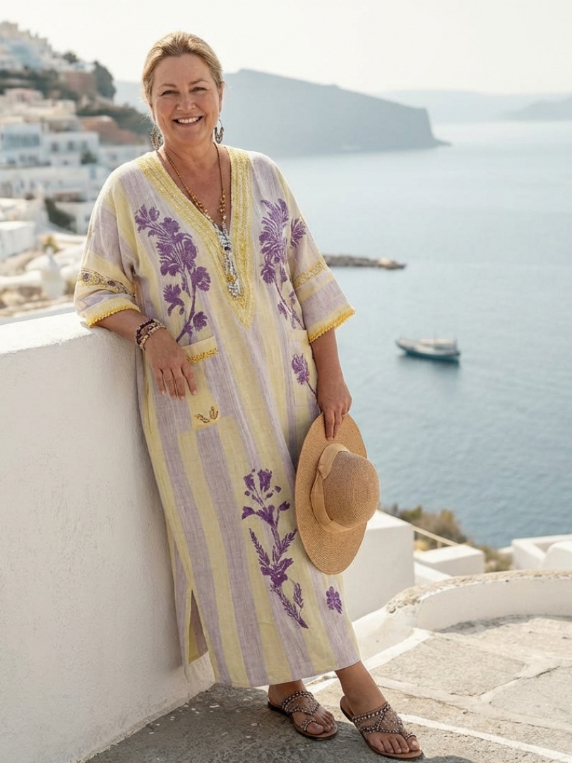 Fia - V-Neck Half Sleeve Striped Floral Maxi Dress