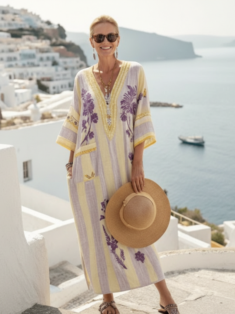 Fia - V-Neck Half Sleeve Striped Floral Maxi Dress