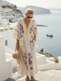 Fia - V-Neck Half Sleeve Striped Floral Maxi Dress