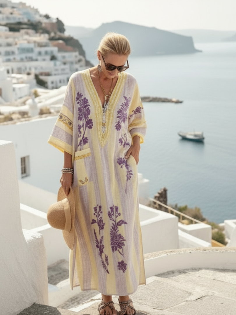 Fia - V-Neck Half Sleeve Striped Floral Maxi Dress