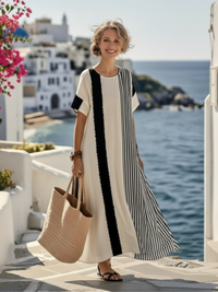 Tara - Round Neck Short Sleeve Striped Maxi Dress