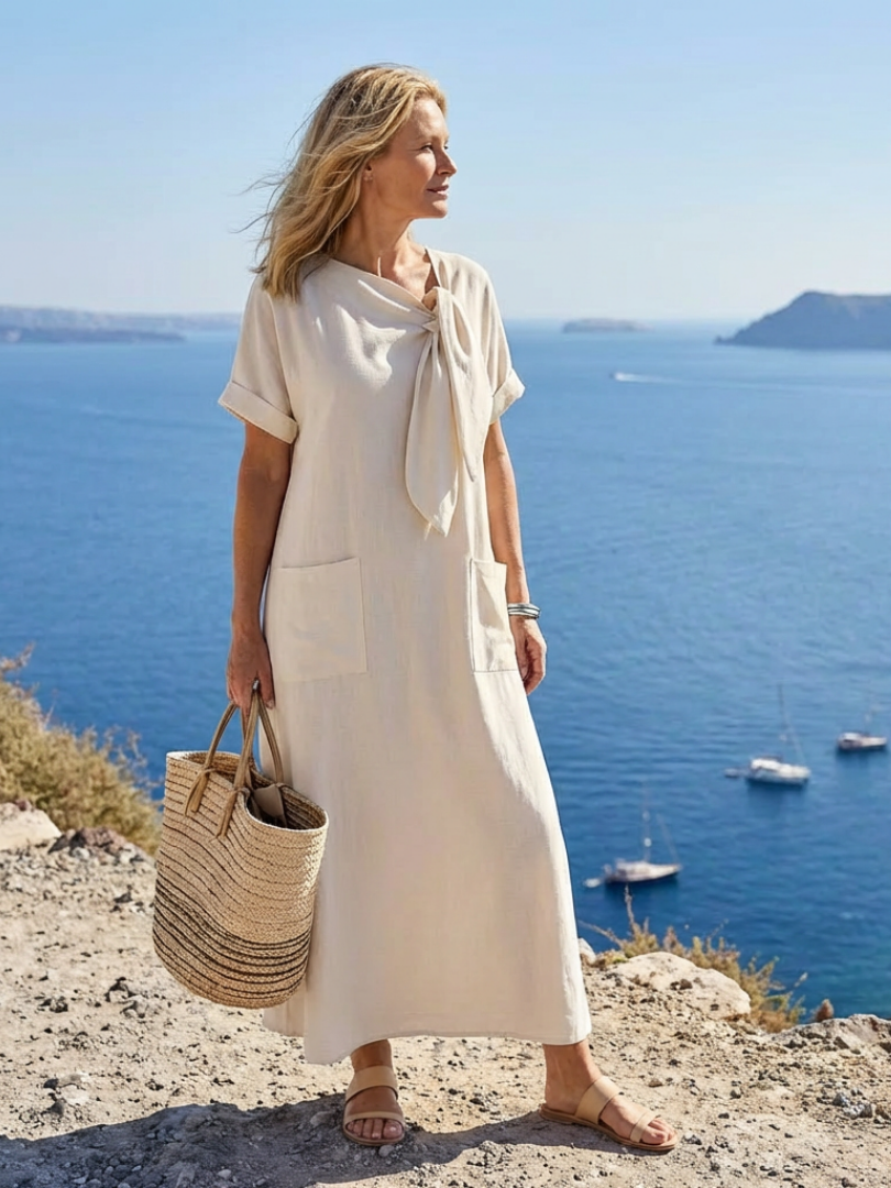 Maelis - Round Neck Short Sleeve Pocket Maxi Dress