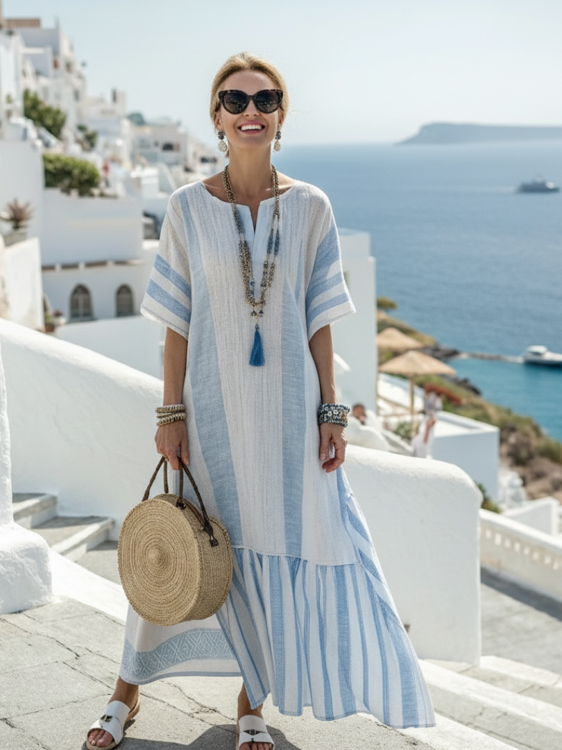 Vivia - Round Neck Short Sleeve Striped Maxi Dress