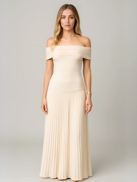 Bella | Women's Wedding Guest Pleated Maxi Dress Beige