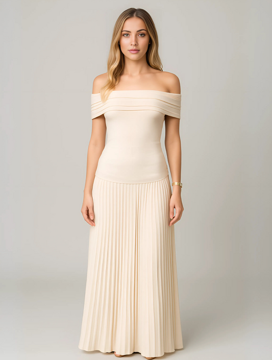Bella | Women's Wedding Guest Pleated Maxi Dress Beige