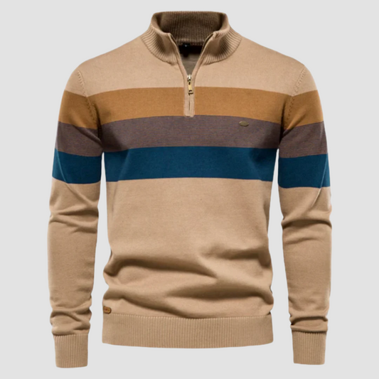Ryan - Striped Zip Neck Jumper – Khaki