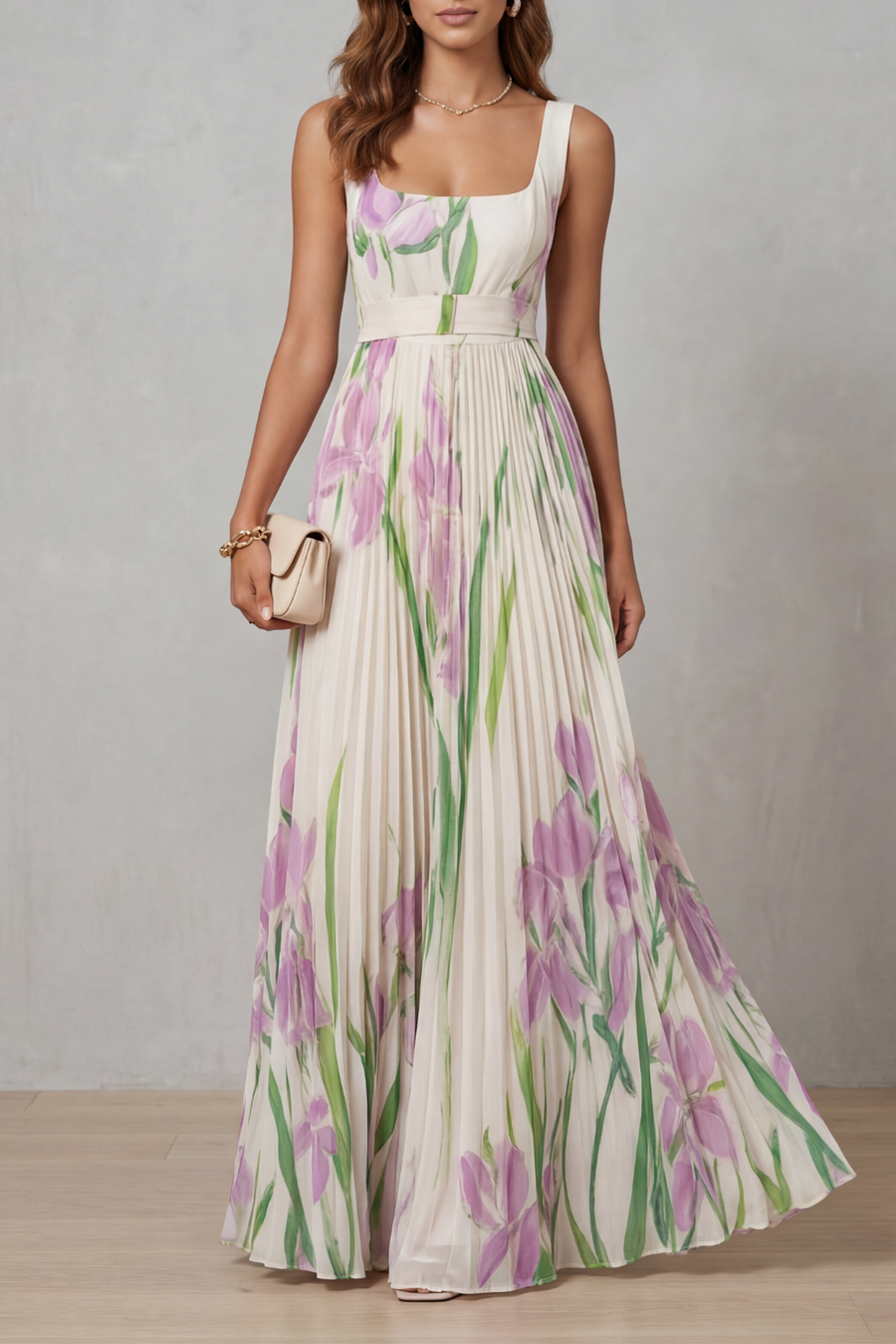 Vivien - Watercolour Floral Pleated Maxi Dress