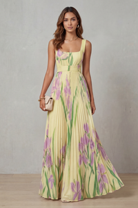 Vivien - Watercolour Floral Pleated Maxi Dress