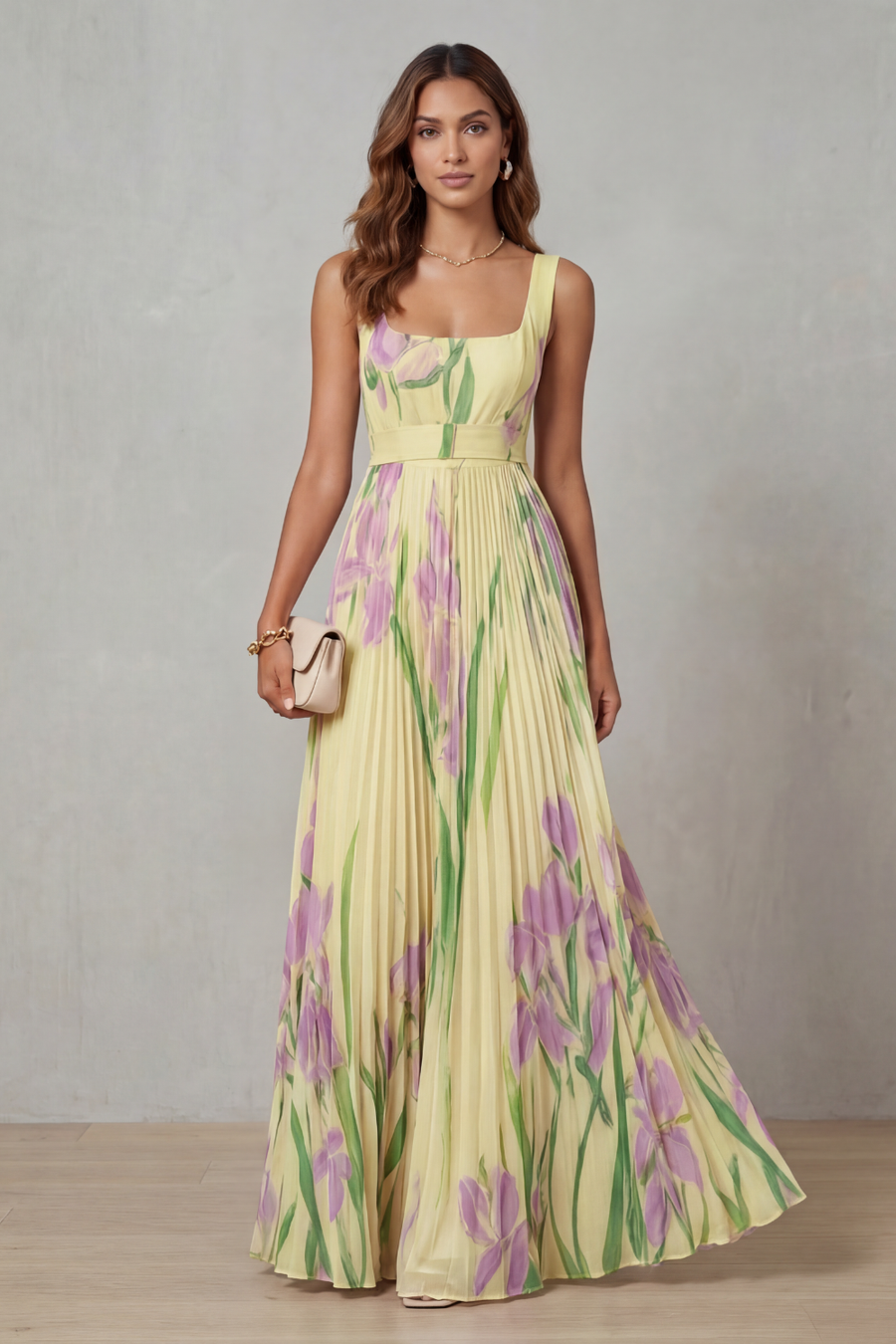 Vivien - Watercolour Floral Pleated Maxi Dress