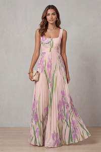 Vivien - Watercolour Floral Pleated Maxi Dress
