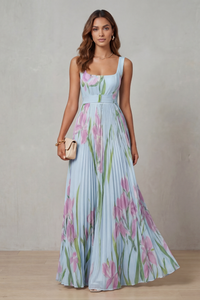 Vivien - Watercolour Floral Pleated Maxi Dress