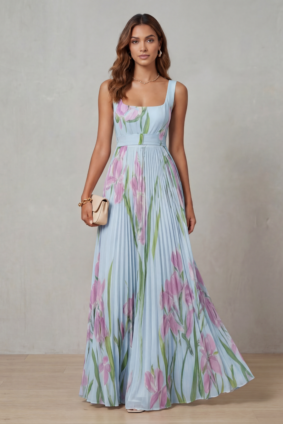 Vivien - Watercolour Floral Pleated Maxi Dress
