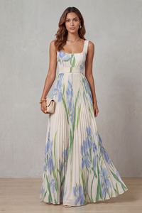 Vivien - Watercolour Floral Pleated Maxi Dress