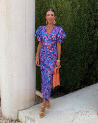 Kennedy - Vibrant Midi Dress with Puff Sleeves