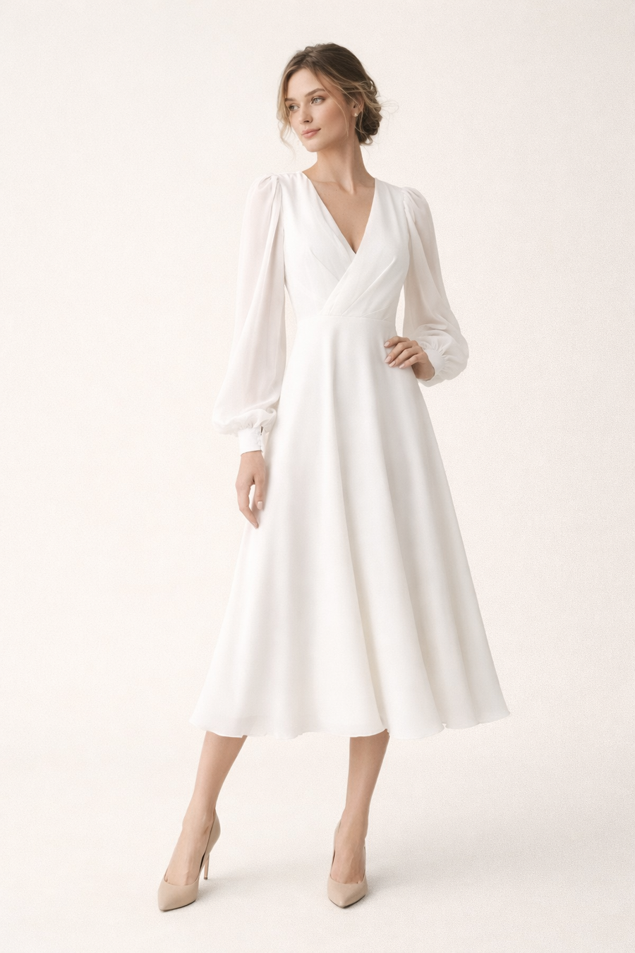 Elsa V-Neck Puff Sleeve Midi Dress