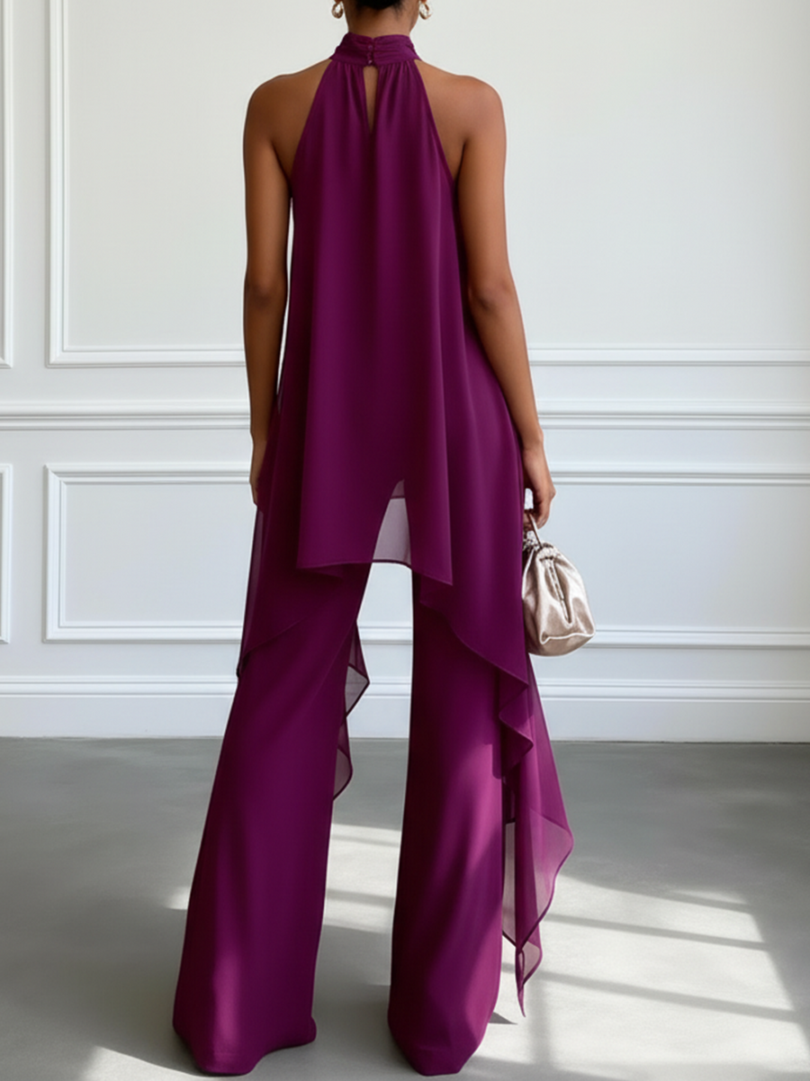Julia - Purple Halter Sleeveless Elegant Top With Pants Two-Piece Set