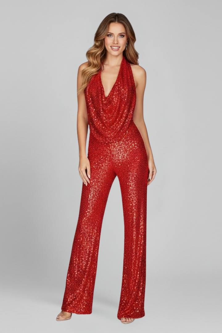Lauren | Womens Halter Neck Textured Wide-Leg Jumpsuit Red