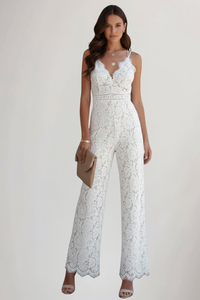 Emily | Womens Sleeveless Lace V-Neck Wide-Leg Jumpsuit White