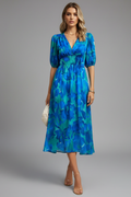 Bianca | Womens Floral Puff Sleeve V-Neck Midi Dress