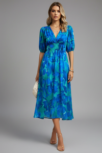 Bianca | Womens Floral Puff Sleeve V-Neck Midi Dress Blue