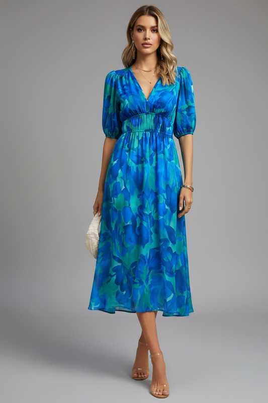 Bianca | Womens Floral Puff Sleeve V-Neck Midi Dress Blue