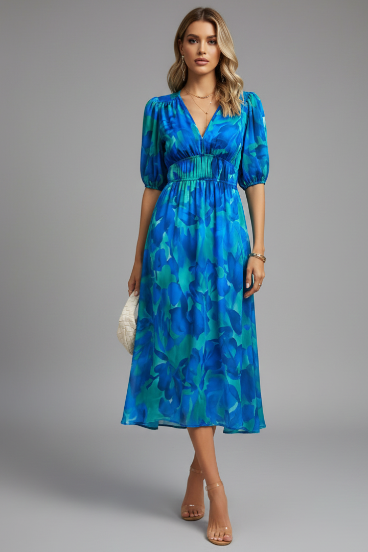 Bianca | Womens Floral Puff Sleeve V-Neck Midi Dress Blue