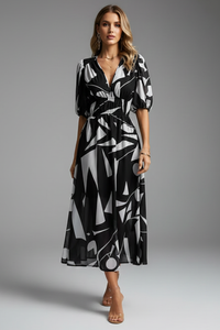 Bianca | Womens Floral Puff Sleeve V-Neck Midi Dress Black