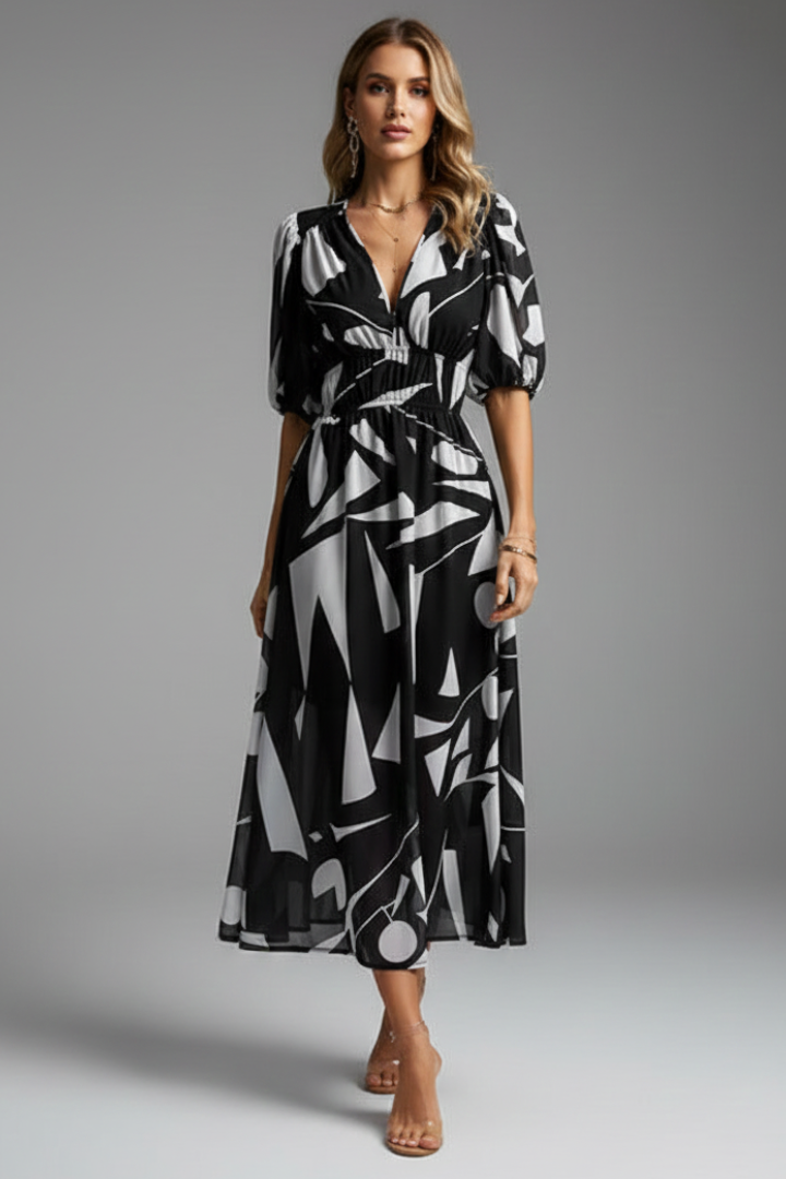 Bianca | Womens Floral Puff Sleeve V-Neck Midi Dress Black