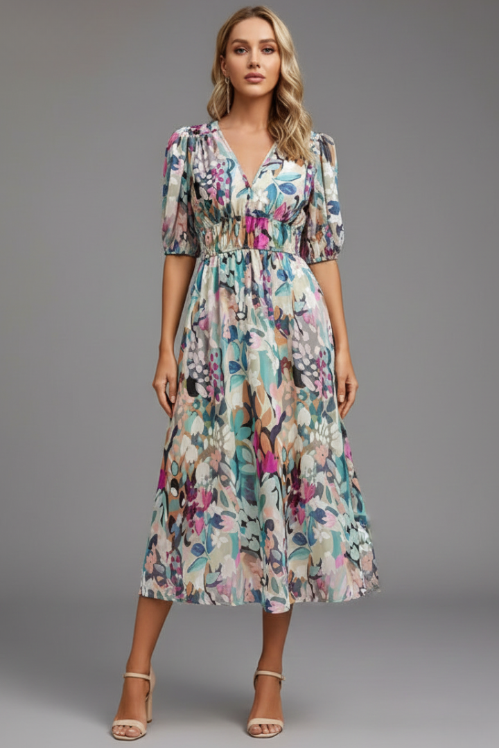 Bianca | Womens Floral Puff Sleeve V-Neck Midi Dress Floral